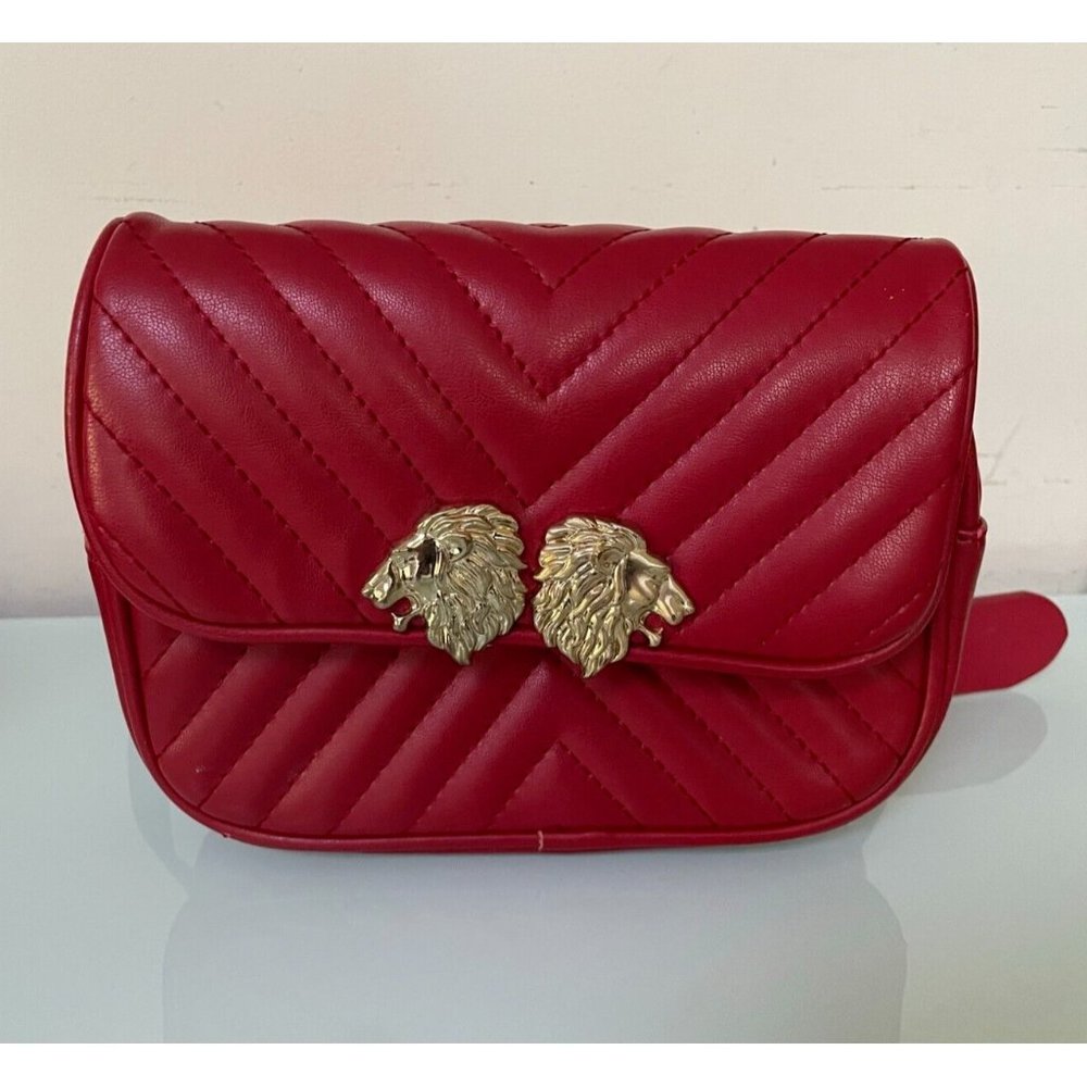 Zara Quilted Red  /Golden Lionhead Crossbody Convertible Belt Bag